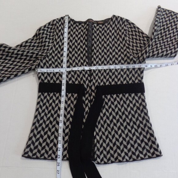Heather‎ B 100% Wool Sweater Jacket Velvet Tie Waist Diamond Black Gray Size M - Picture 5 of 7